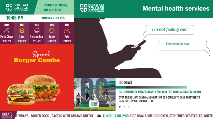 Display anatomy — weather, news ticker, ad zones, logo area
