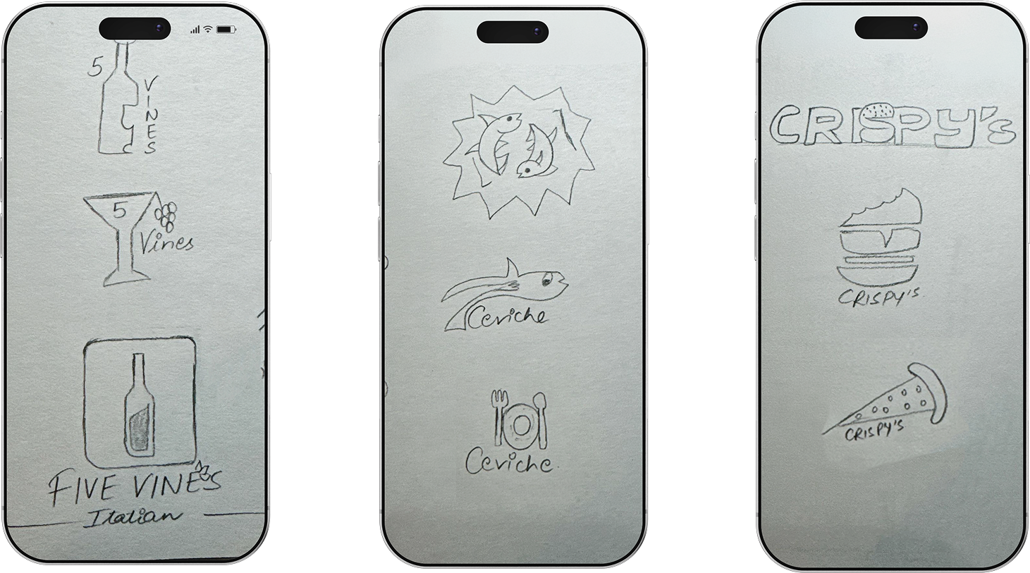 Logo sketches — early concepts for the three Family of Eateries restaurant brands