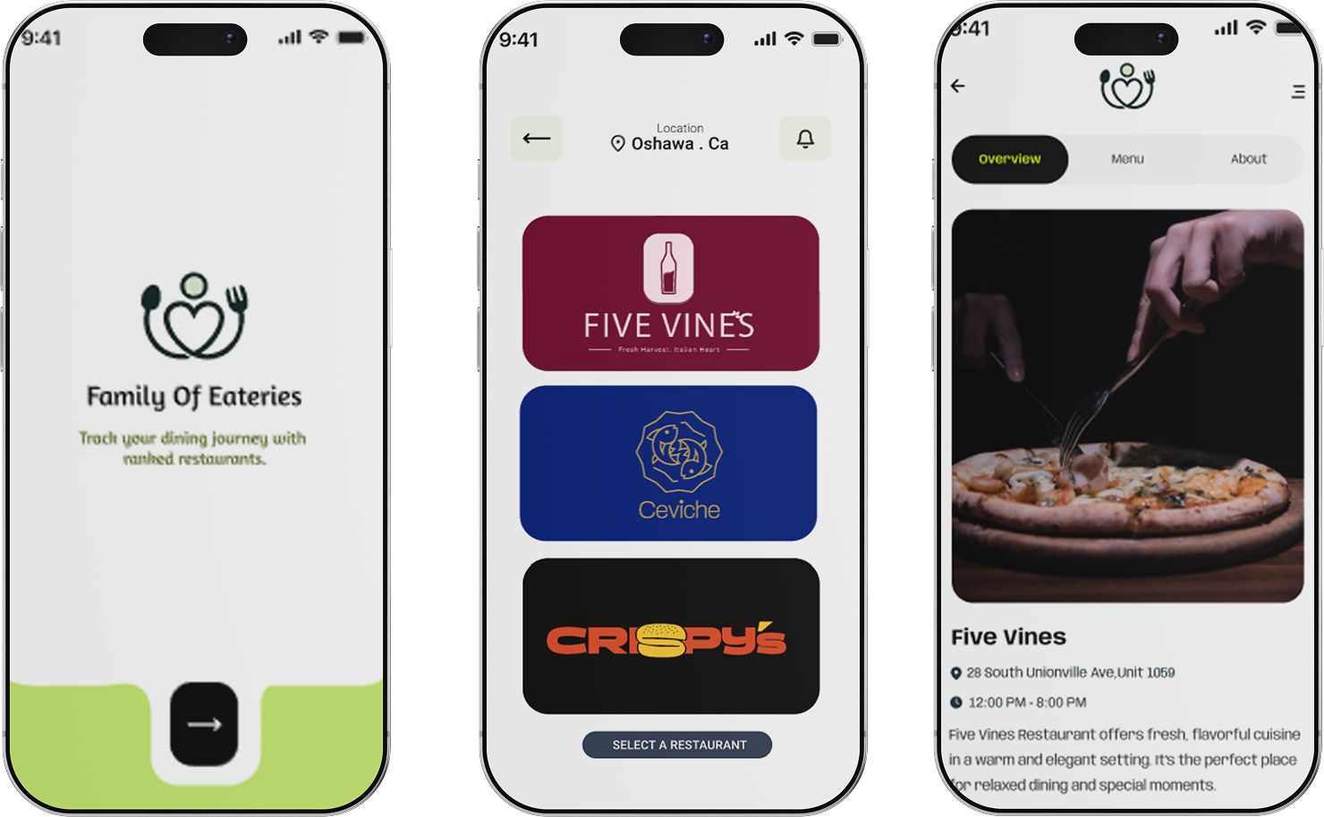 High-fidelity UI screens — fine dining restaurant experience within Family of Eateries