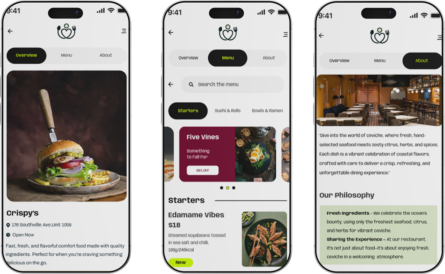 High-fidelity UI screens — local favourite restaurant experience within Family of Eateries